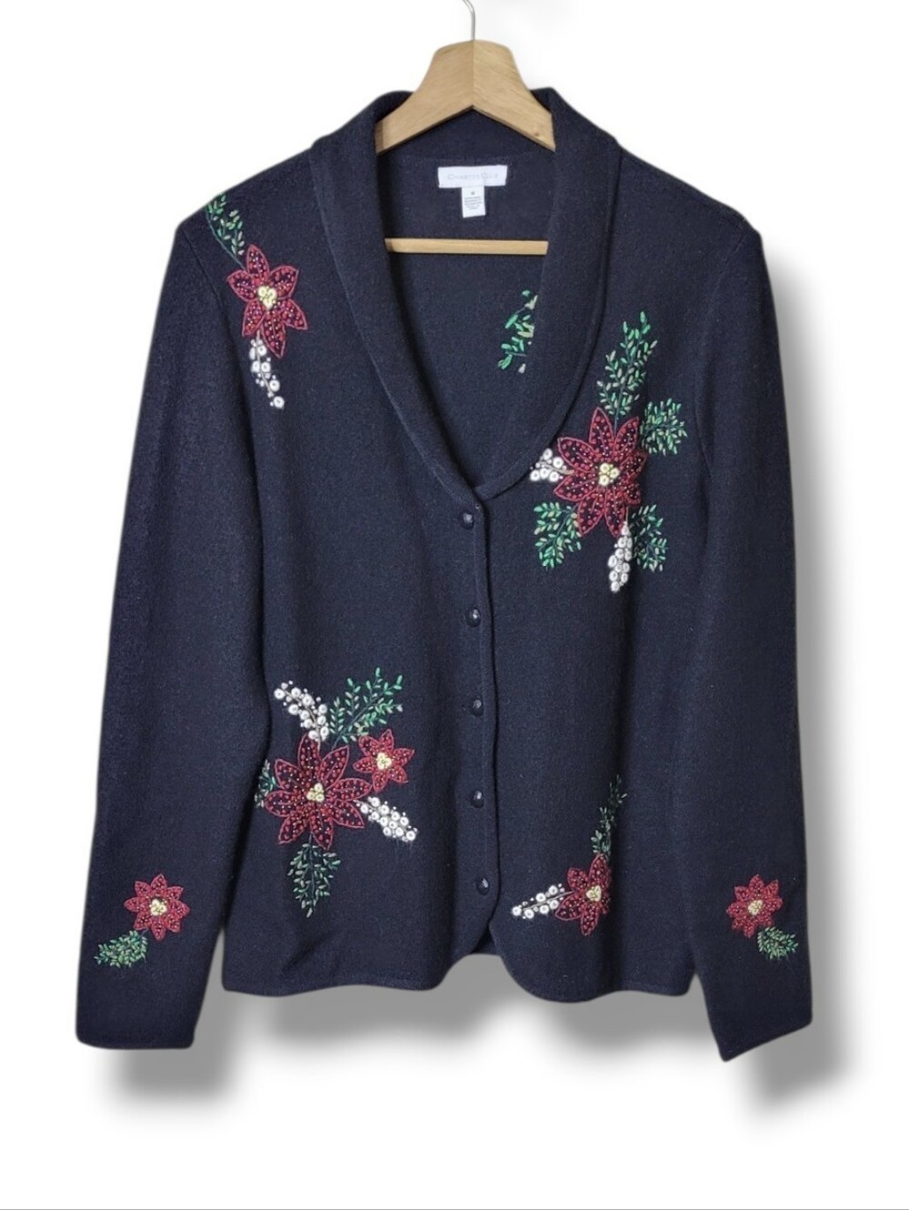 Charter Club Wool Christmas Cardigan • Size M Embroidered Poinsettia